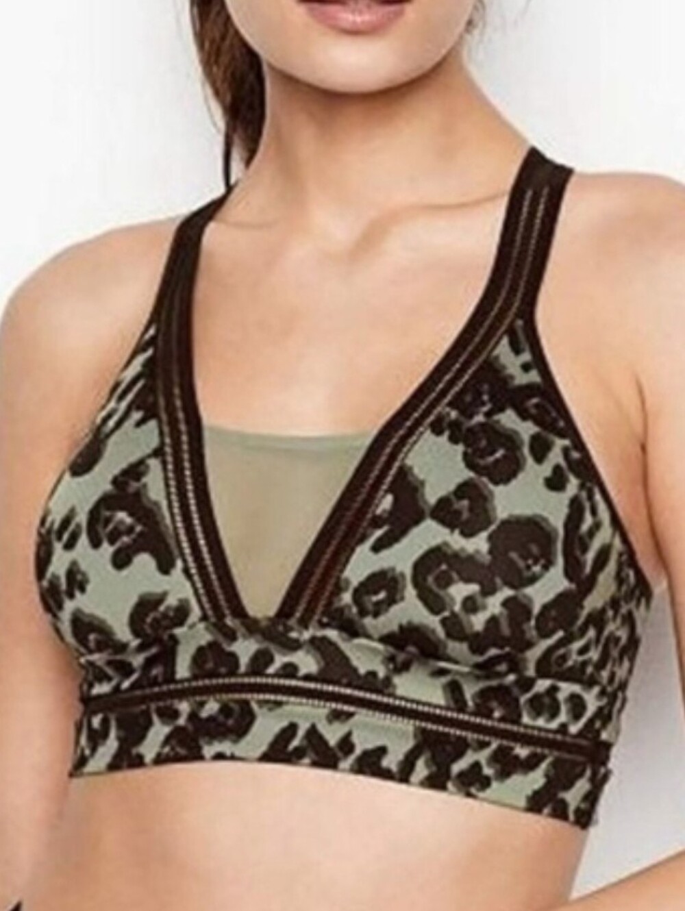 Victoria Sport Small Leopard Strappy Sports Bra Green Black Mesh Accents Workout